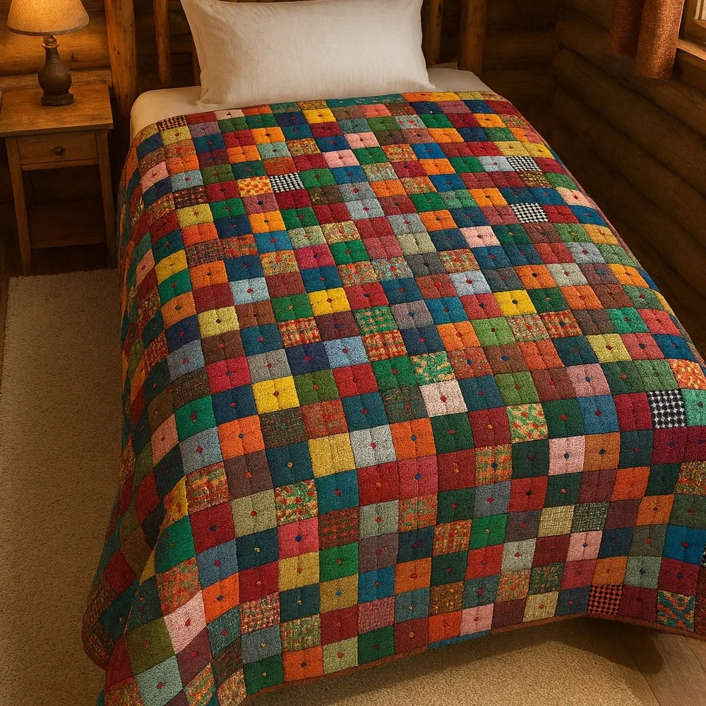 HAND MADE OVERSIZED TWIN QUILT 54.5 x 79.5 VINTAGE BOHO CABIN FARMHOUSE